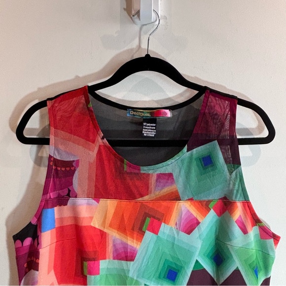 DESIGUAL Sz XL Midi Dress Colourful Geometric Shape Mesh Top Sleeveless Sheath - Picture 3 of 7